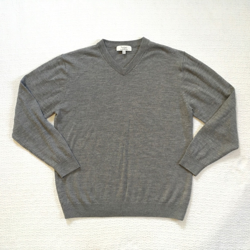 Turnbury Mens Gray‎ V Neck Extra Fine Merino Wool Sweater XLT